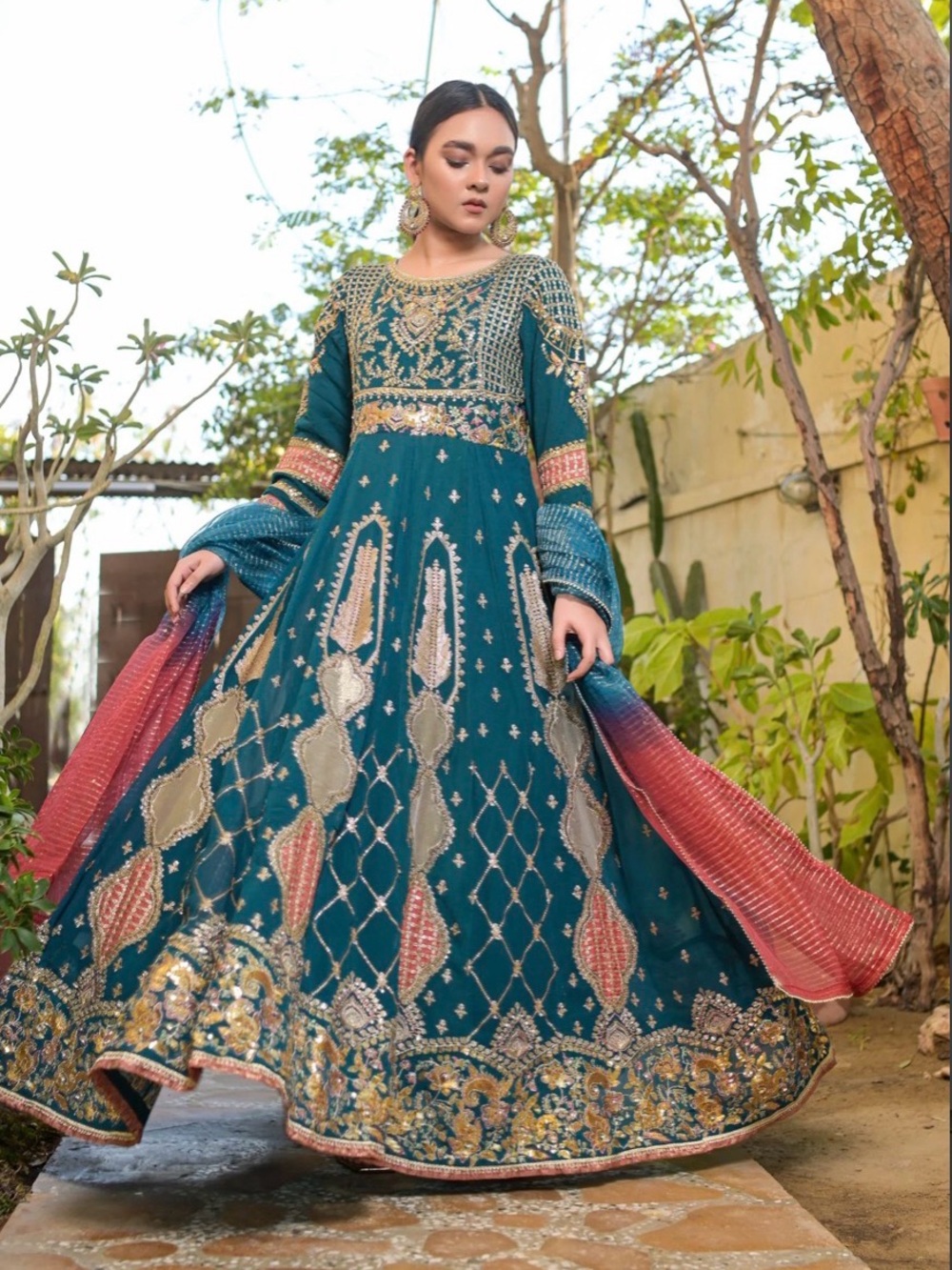 Embellished Teal Anarkali Dress with Gold & Coral Accents